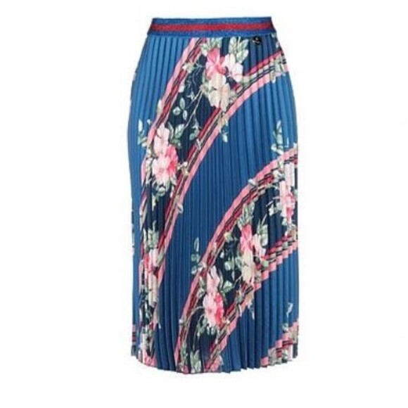 Mangano Women'sBlue Floral PrintPleated Elastic Waist Midi Skirt Sz M Italy